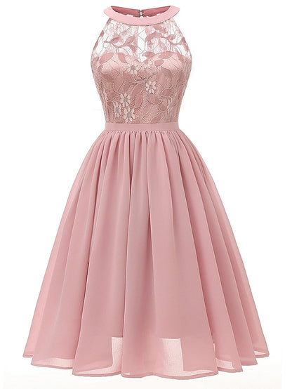 Women's Dress - Party Dress Wedding Guest Lace Dress A Line Dress Midi Dress Pink Wine Navy Blue Sleeveless Pure Color Lace Summer Spring Halter Party Slim 2023 S M L XL XXL