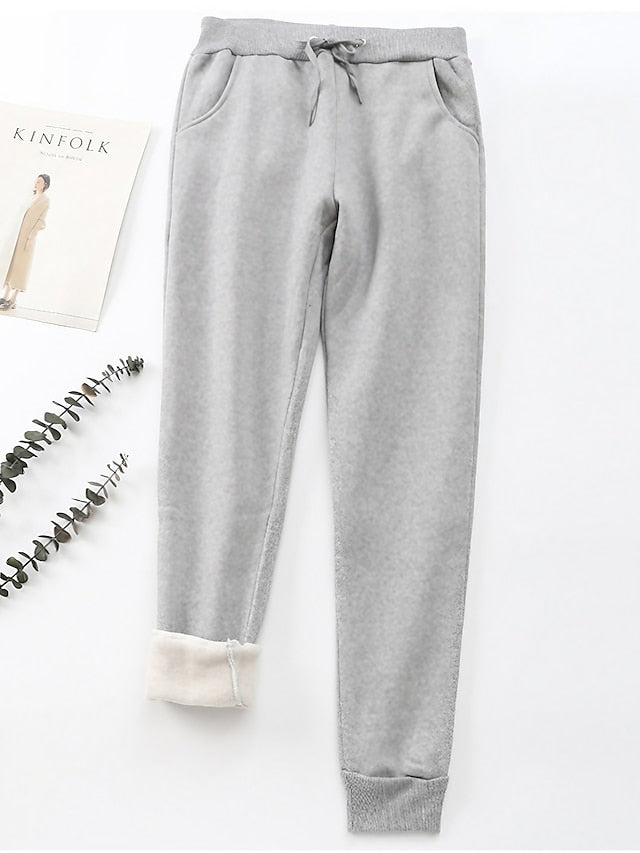 Women's Fleece Pants Polyester Solid Color Light Gray Dark-Gray Fashion High Waist Full Length Street Daily Fall Winter