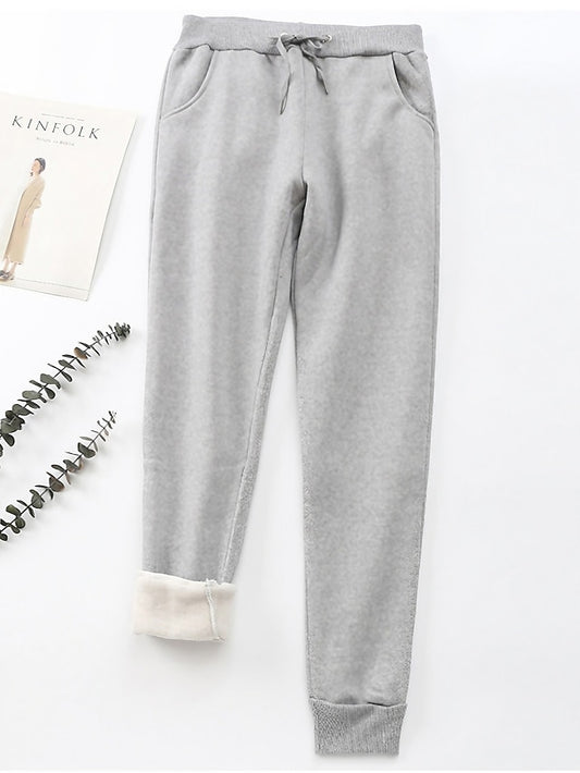 Women's Fleece Pants Polyester Solid Color Light Gray Dark-Gray Fashion High Waist Full Length Street Daily Fall Winter