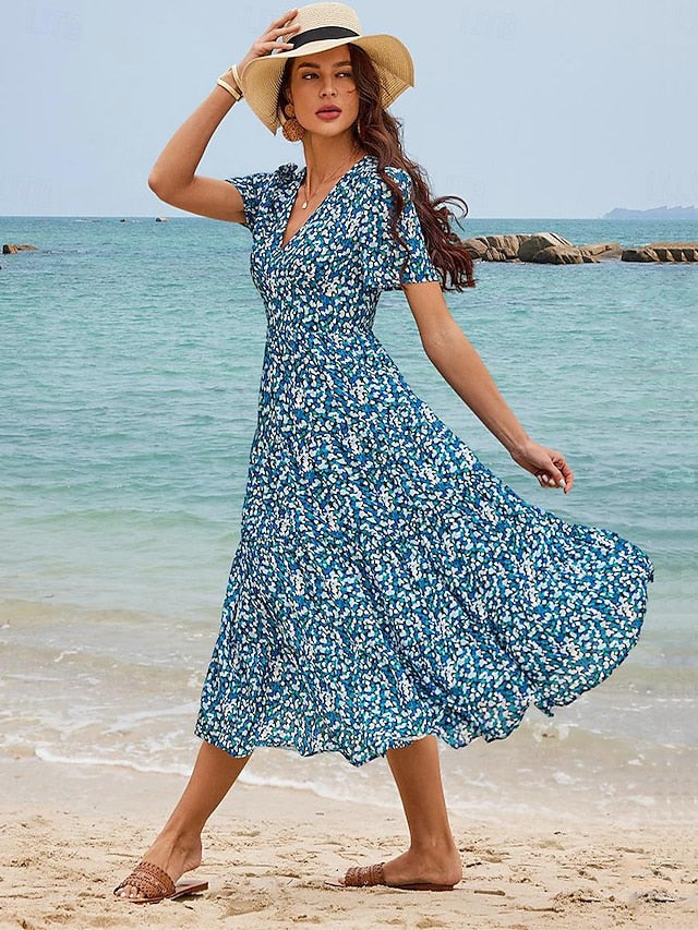 Women's Chiffon A Line Dress Ditsy Floral Tiered V Neck Maxi Dress Hawaiian Stylish Vacation Short Sleeve Summer