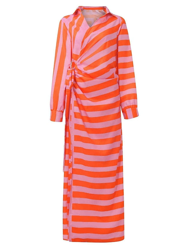 Women's Dress - Shirt Dress Bodycon Wrap Dress Maxi long Dress Outdoor Daily Polyester Fashion Boho Shirt Collar Ruched Split Long Sleeve Summer Fall Spring 2023 Regular Fit Purple Orange Green