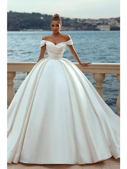 Engagement Formal Wedding Dresses Ball Gown Off Shoulder Cap Sleeve Court Train Satin Bridal Gowns With Ruched Solid Color 2023 Summer Wedding Party, Women's Clothing - LuckyFash™