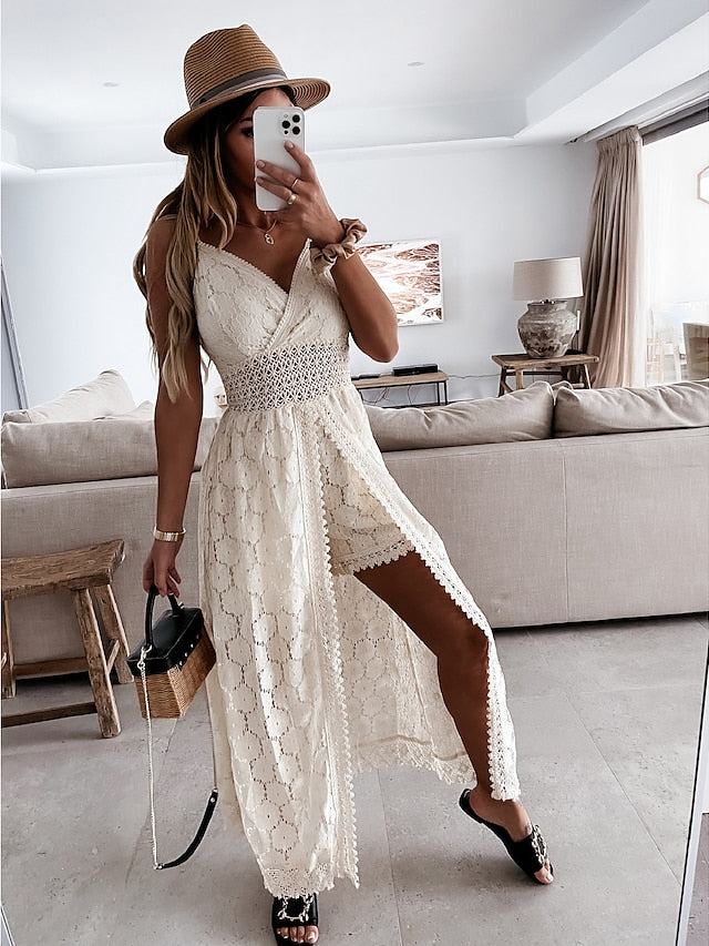 Jumpsuits for Women Summer Dressy Embroidered With Train Solid Color Casual Daily Holiday Regular Fit Sleeveless White Black S M L Spring - LuckyFash™