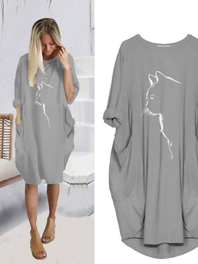 Women's Dress - T Shirt Dress Tee Dress Midi Dress Black Yellow Fuchsia Long Sleeve Print Print Summer Spring Crew Neck Casual Winter Dress Fall Dress Loose Fit 2023 S M L XL XXL 3XL 4XL 5XL