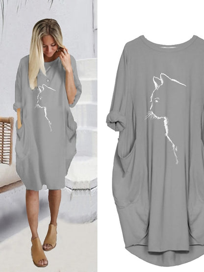 Women's Dress - T Shirt Dress Tee Dress Midi Dress Black Yellow Fuchsia Long Sleeve Print Print Summer Spring Crew Neck Casual Winter Dress Fall Dress Loose Fit 2023 S M L XL XXL 3XL 4XL 5XL
