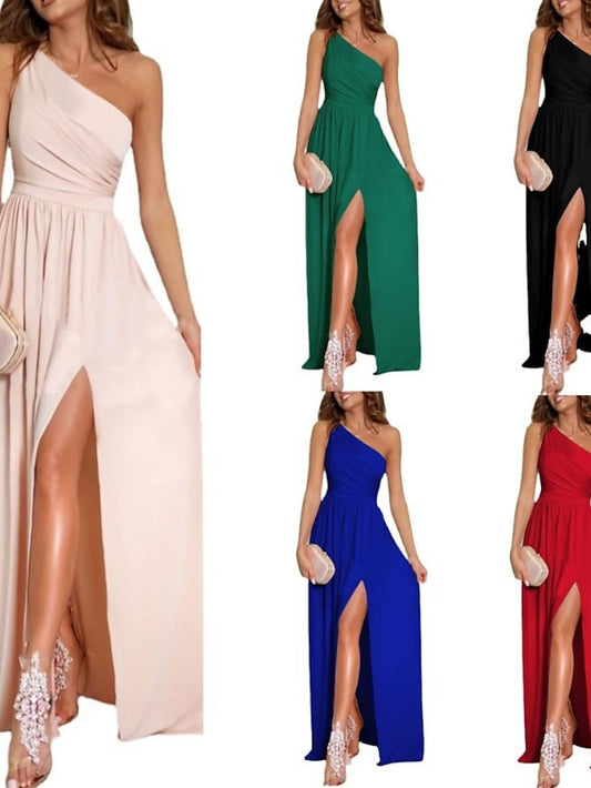 Women's Dress - Formal Party Dress Wedding Guest Dress Swing Dress Long Dress Maxi Dress Green Black Blue Sleeveless Pure Color Patchwork Spring Summer Cold Shoulder 2023 S M L XL XXL
