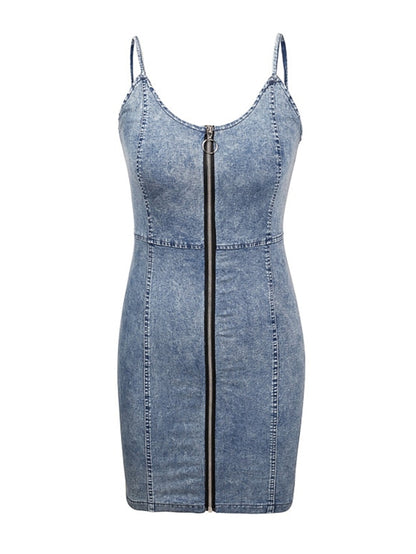 Women's Dress - Denim Dress Bodycon Sheath Dress Mini Dress Denim Fashion Stylish Daily Vacation Going out Straps Zipper Pocket Sleeveless Summer Spring Fall 2023 Slim Light Blue Pure Color S M L XL XXL