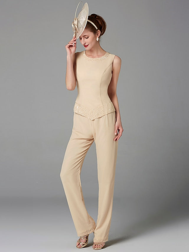 Jumpsuit / Pantsuit 3 Piece Mother of the Bride Dress Formal Plus Size Elegant Wrap Included Bateau Neck Floor Length Chiffon Sleeveless with Beading Appliques 2023 - LuckyFash™