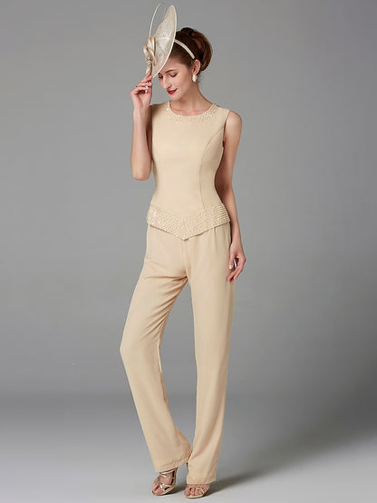 Jumpsuit / Pantsuit 3 Piece Mother of the Bride Dress Formal Plus Size Elegant Wrap Included Bateau Neck Floor Length Chiffon Sleeveless with Beading Appliques 2023 - LuckyFash™