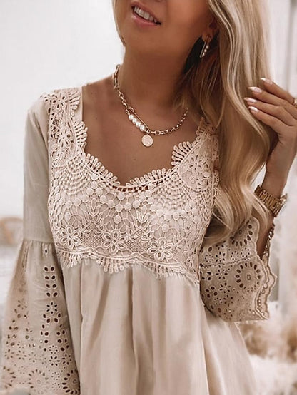 Women's Dress - Casual Dress Lace Dress Summer Dress Plain Lace Hollow Out U Neck Mini Dress Fashion Streetwear Outdoor Daily 3/4 Length Sleeve Loose Fit White Green Apricot Summer Spring S M L XL XXL