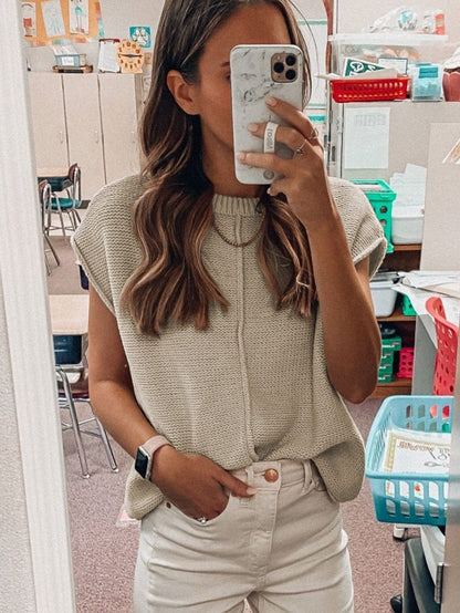 Oatmeal Cap Sleeve Knit Sweater with Raw Hem