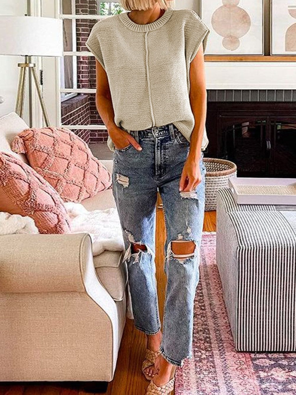 Oatmeal Cap Sleeve Knit Sweater with Raw Hem