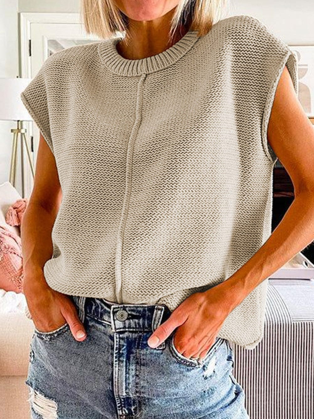 Oatmeal Cap Sleeve Knit Sweater with Raw Hem