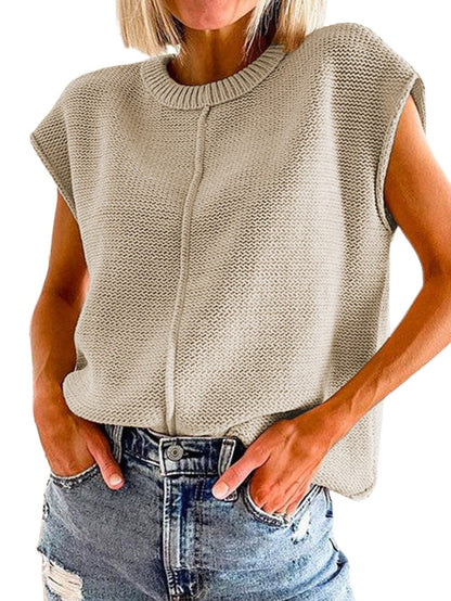 Oatmeal Cap Sleeve Knit Sweater with Raw Hem