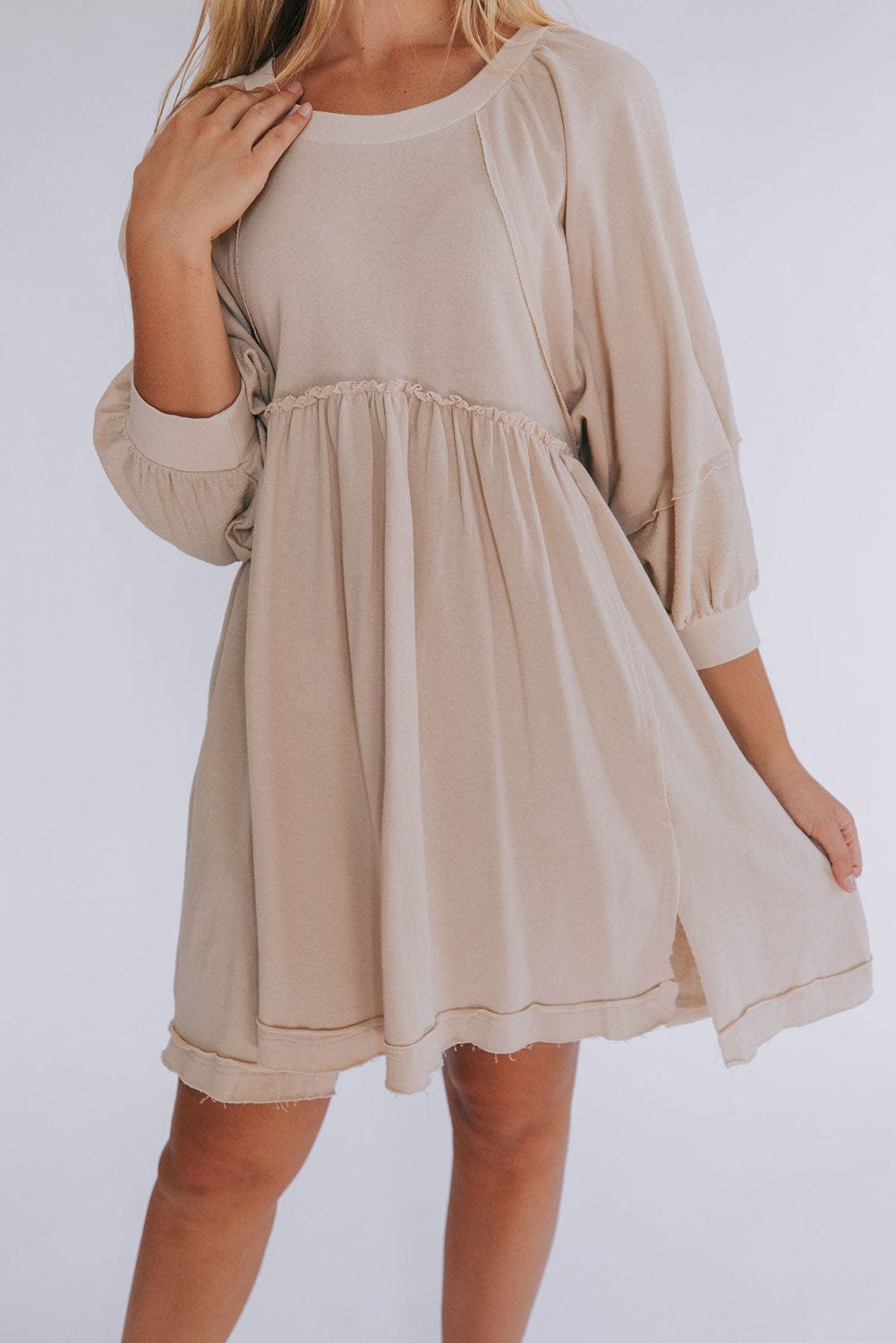 Oatmeal Crew Neck Shift Mini Dress with High Waist Detail
