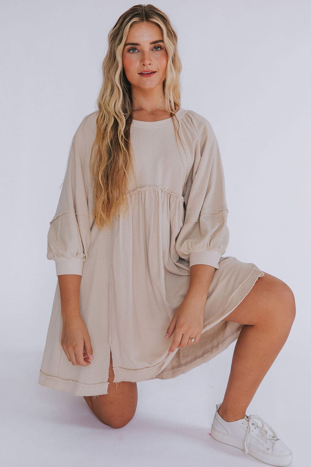 Oatmeal Crew Neck Shift Mini Dress with High Waist Detail