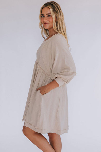 Oatmeal Crew Neck Shift Mini Dress with High Waist Detail