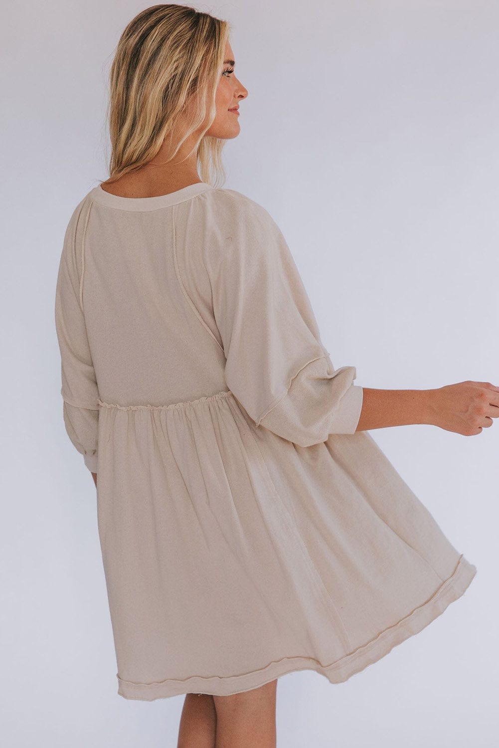 Oatmeal Crew Neck Shift Mini Dress with High Waist Detail