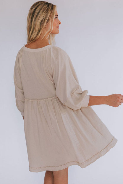 Oatmeal Crew Neck Shift Mini Dress with High Waist Detail