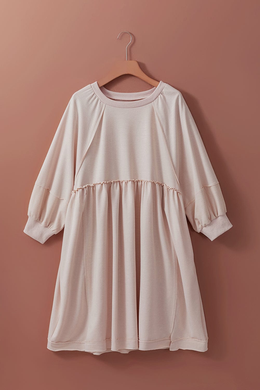 Oatmeal Crew Neck Shift Mini Dress with High Waist Detail