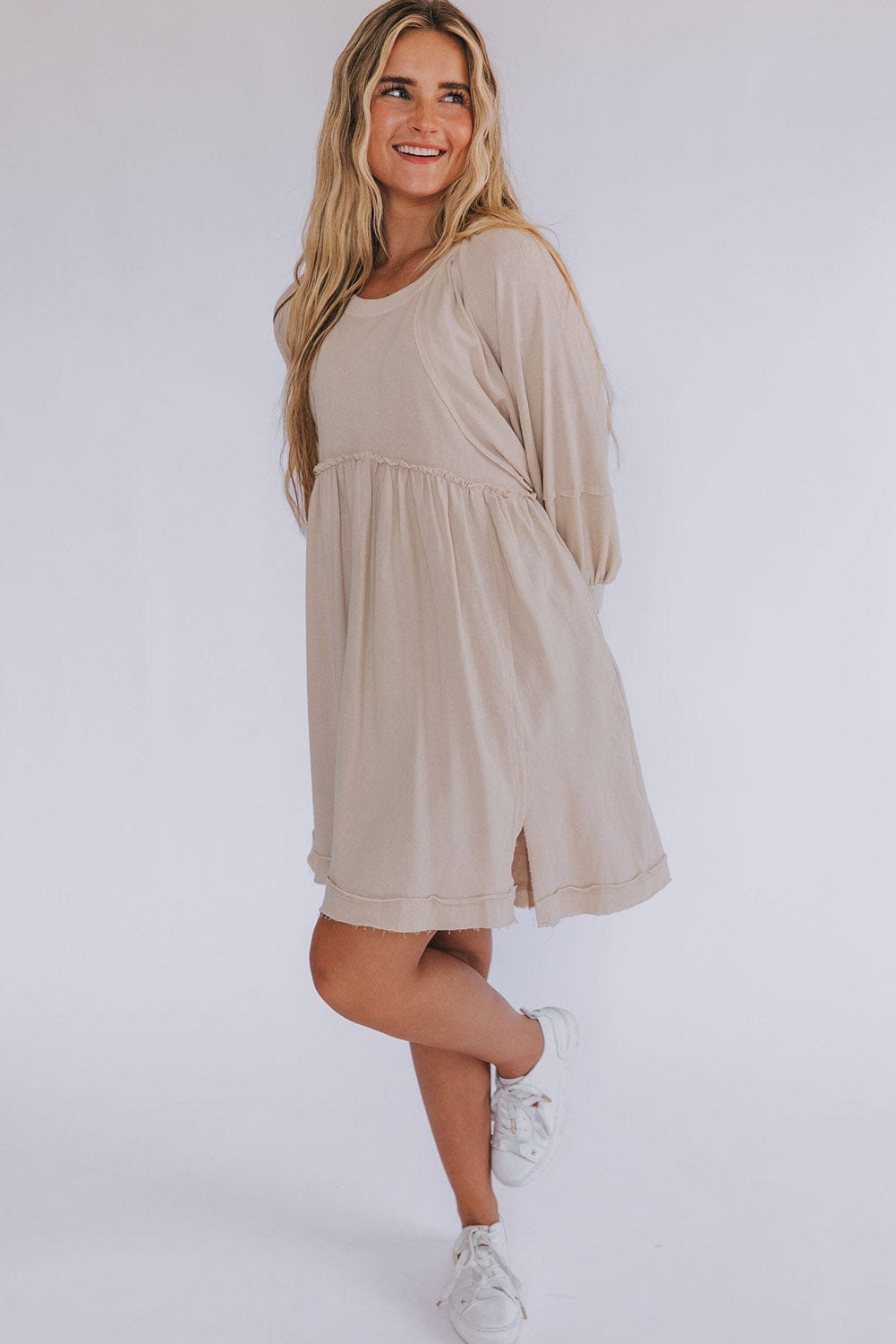 Oatmeal Crew Neck Shift Mini Dress with High Waist Detail