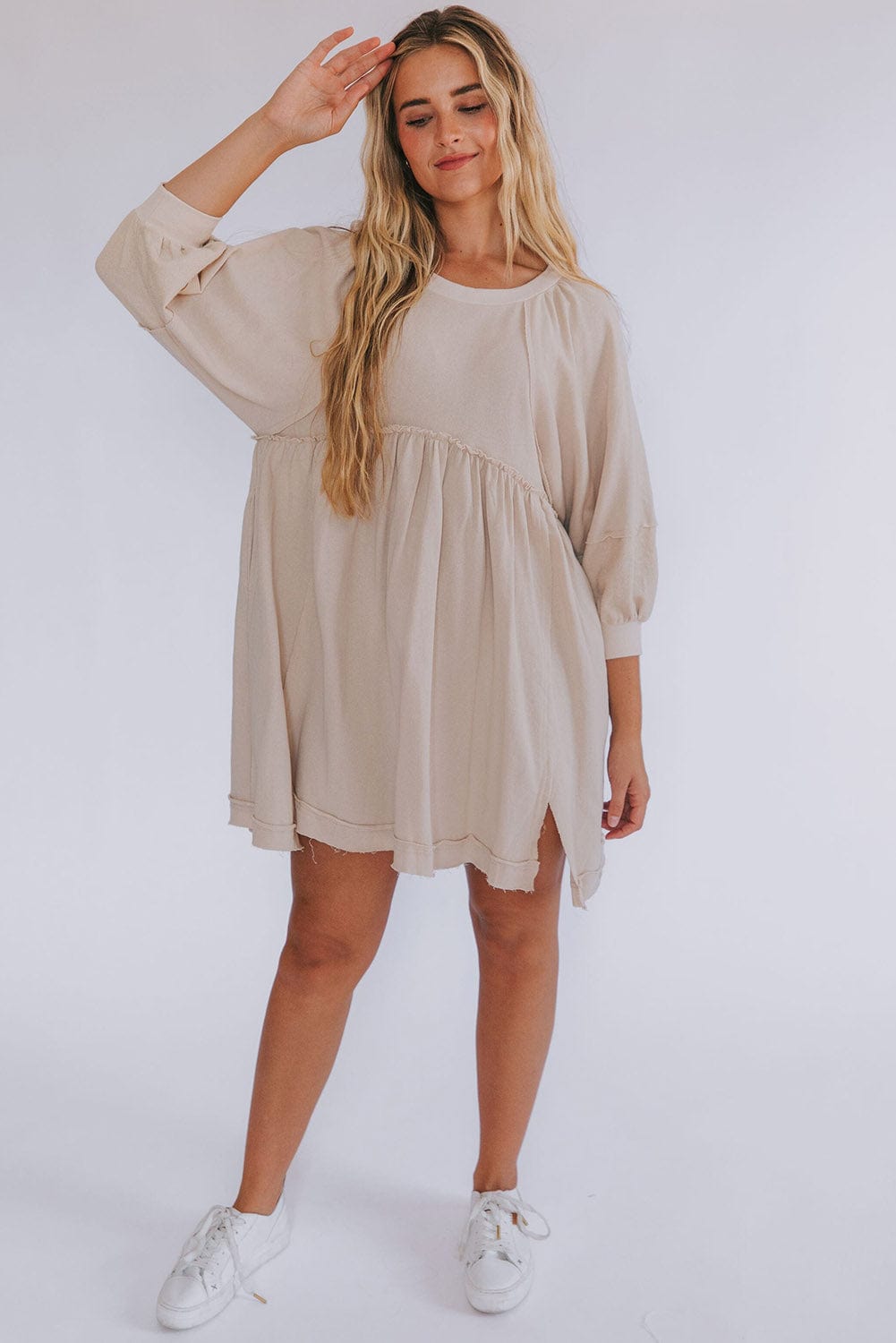 Oatmeal Crew Neck Shift Mini Dress with High Waist Detail