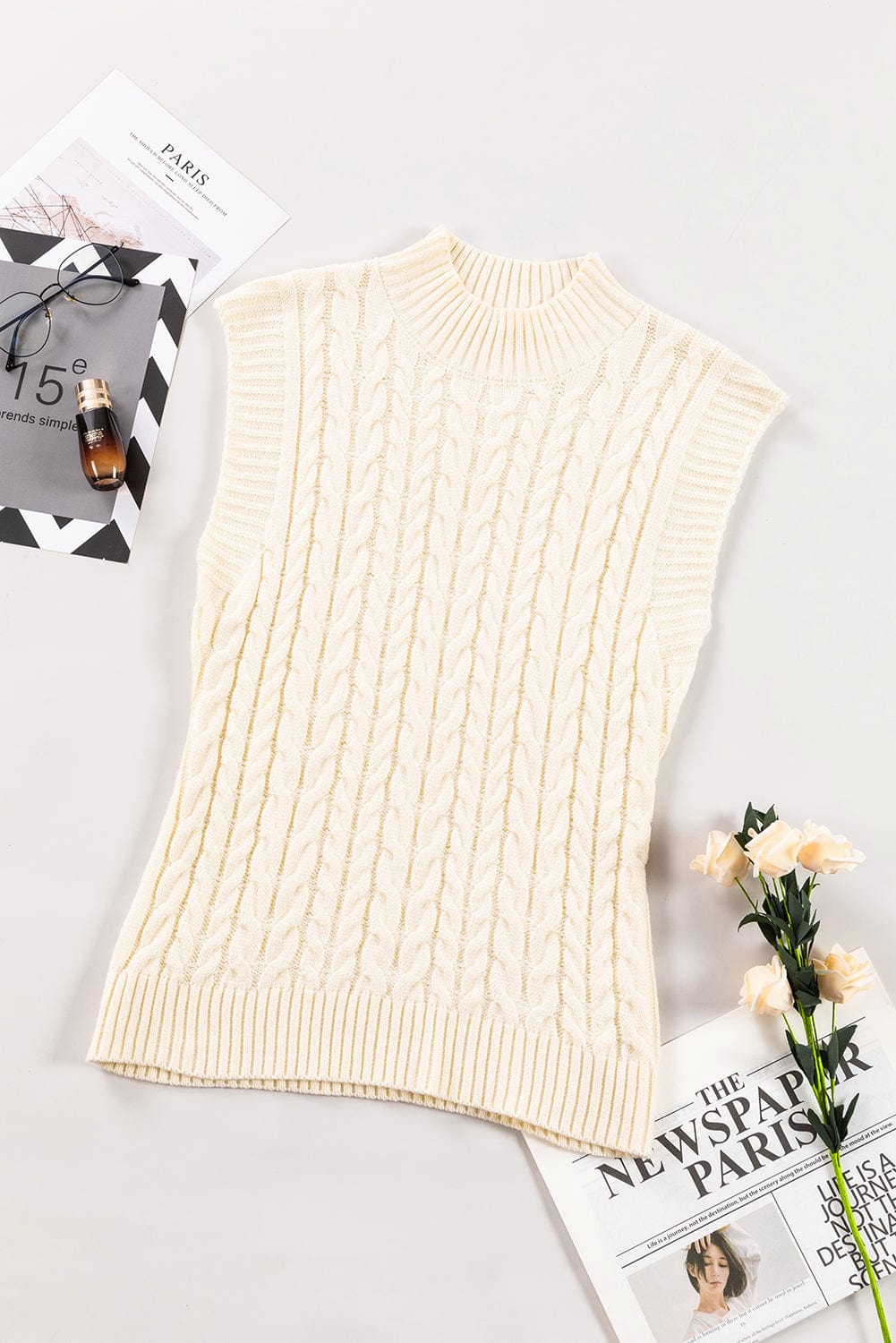 Oatmeal High Neck Cable Knit Sleeveless Sweater Vest