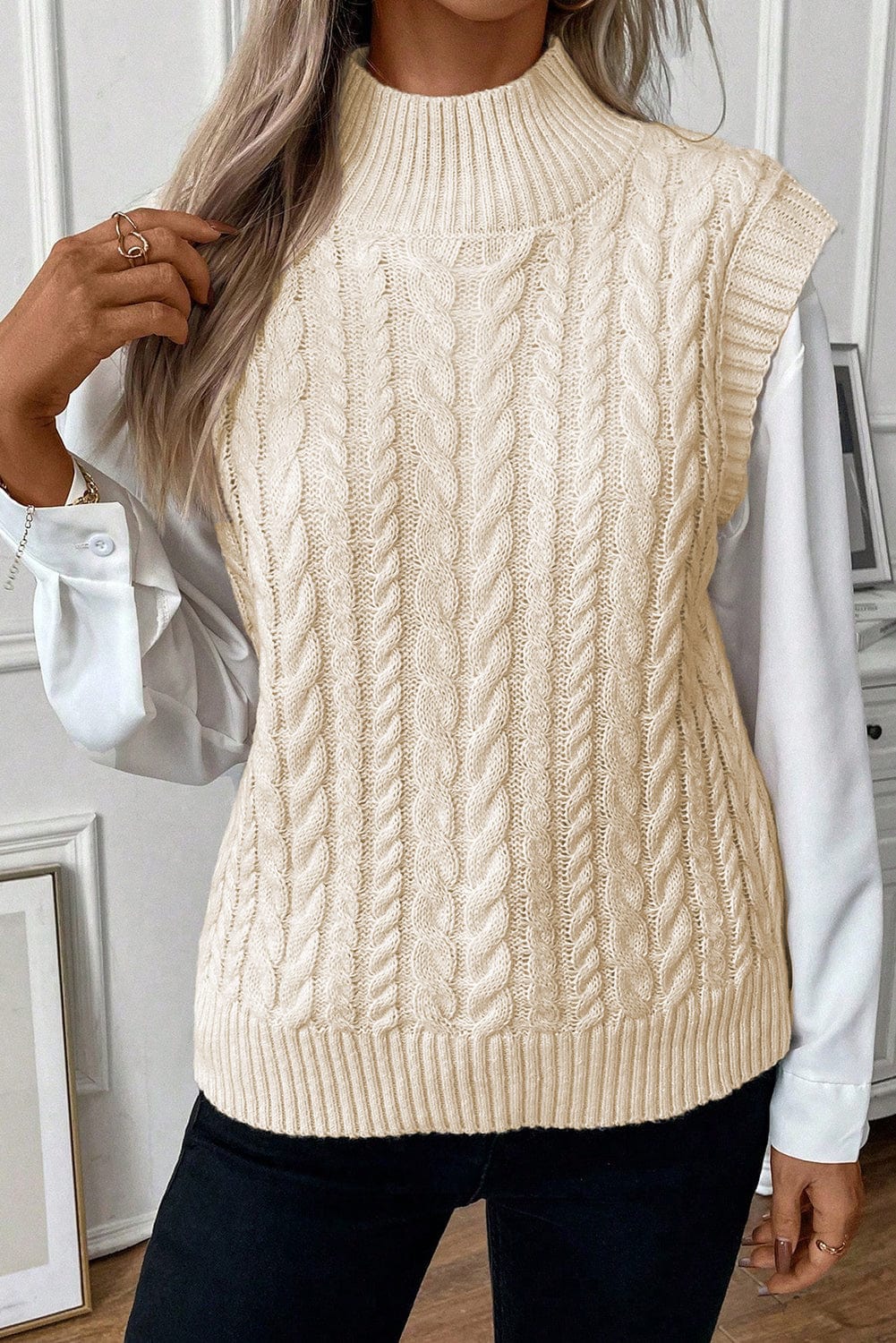 Oatmeal High Neck Cable Knit Sleeveless Sweater Vest
