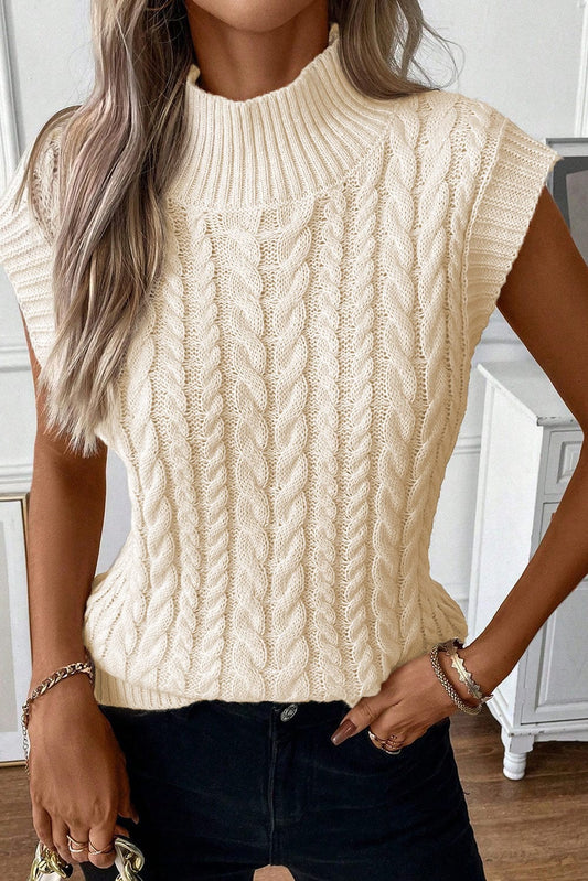 Oatmeal High Neck Cable Knit Sleeveless Sweater Vest