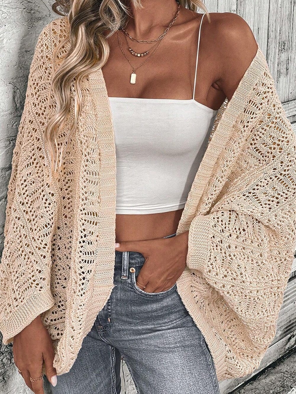 Oatmeal Pointelle Knit Batwing Cardigan for Casual Chic