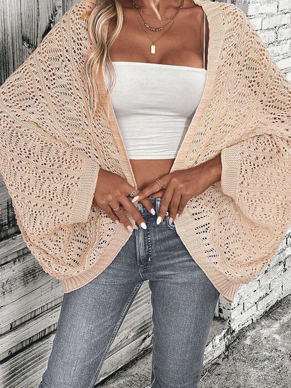 Oatmeal Pointelle Knit Batwing Cardigan for Casual Chic