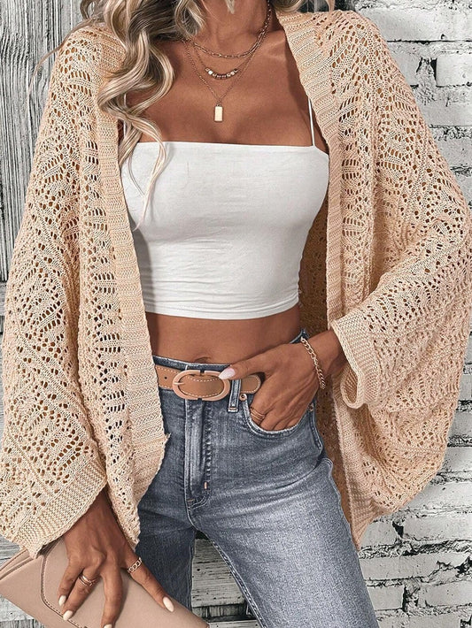 Oatmeal Pointelle Knit Batwing Cardigan for Casual Chic