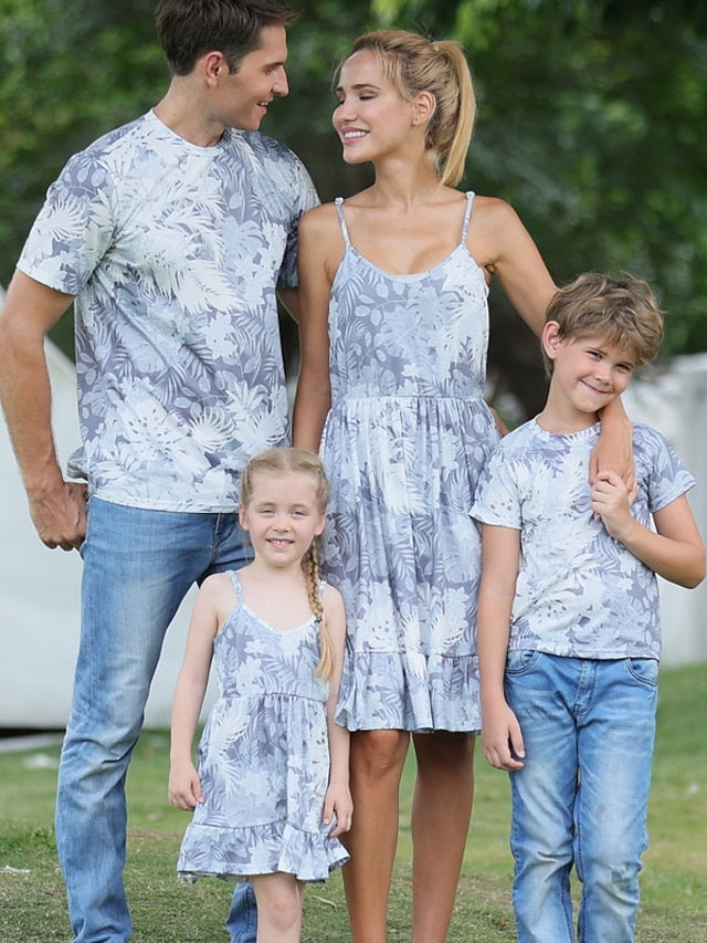 Family Dresses T shirt Family Sets Graphic Leaf Daily Ruched Gray Sleeveless Midi Strap Dress Active Matching Outfits - LuckyFash™
