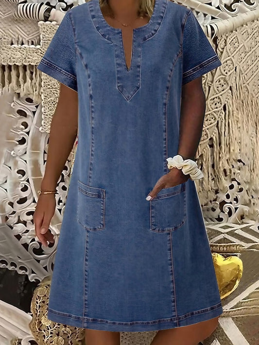Women's Dress - Denim Dress Casual Dress Midi Dress Denim Sexy Casual Daily Vacation Split Neck Ruched Pocket Short Sleeve Summer Spring 2023 Regular Fit Blue Pure Color S M L XL XXL