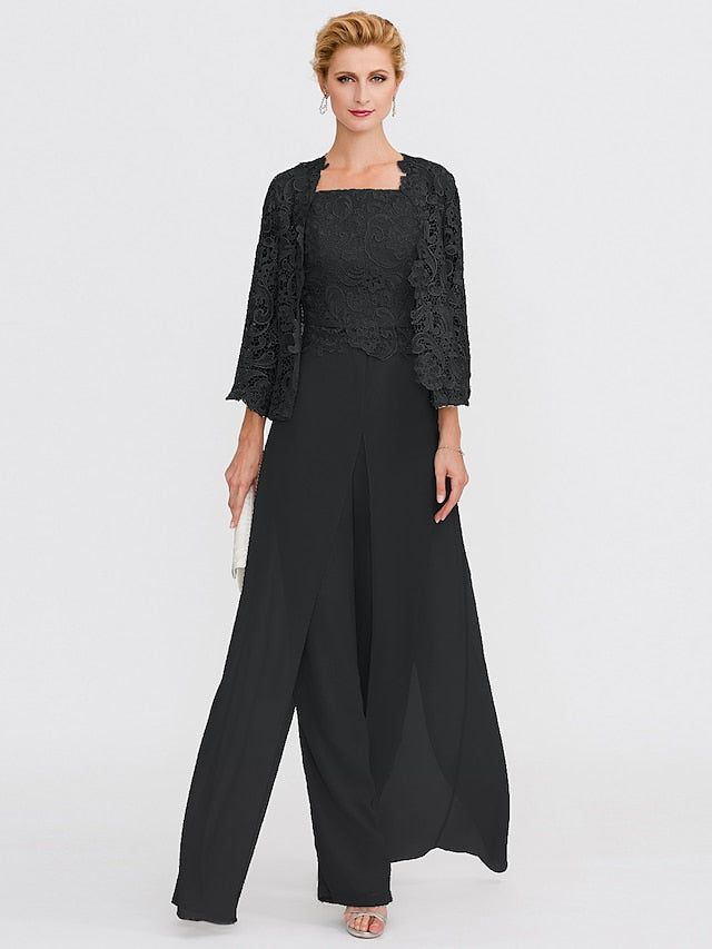 Jumpsuit / Pantsuit Mother of the Bride Dress Formal Plus Size Elegant Square Neck Floor Length Chiffon Corded Lace Sleeveless Wrap Included with Lace Appliques 2023 - LuckyFash™