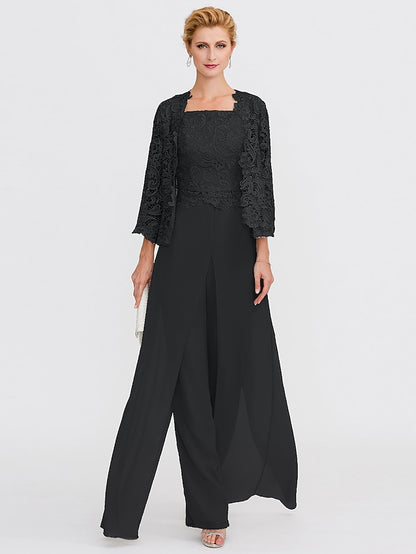 Jumpsuit / Pantsuit Mother of the Bride Dress Formal Plus Size Elegant Square Neck Floor Length Chiffon Corded Lace Sleeveless Wrap Included with Lace Appliques 2023 - LuckyFash™