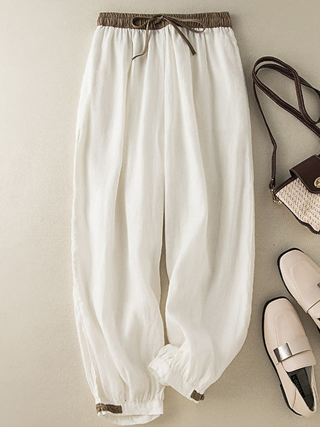 Women's Pants Trousers Linen Cotton Blend Plain White Apricot Vacation High Waist Ankle-Length Outdoor Street Fall Winter