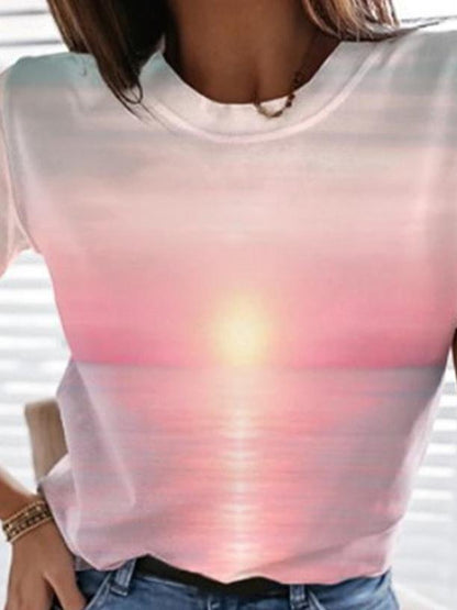 T-Shirts - Ocean Landscape Print Crew Neck T-Shirt - MsDressly