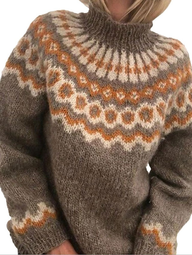 Women's Pullover Sweater Classic Style Multi Color Geometic Ethnic Casual Long Sleeve Sweater Cardigans High Neck Fall Winter Blue gray Grey Green / Holiday