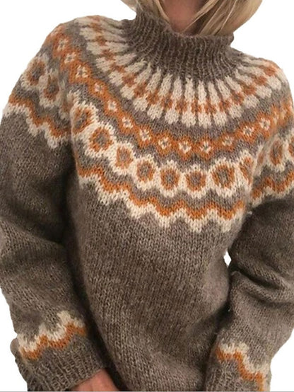 Women's Pullover Sweater Classic Style Multi Color Geometic Ethnic Casual Long Sleeve Sweater Cardigans High Neck Fall Winter Blue gray Grey Green / Holiday