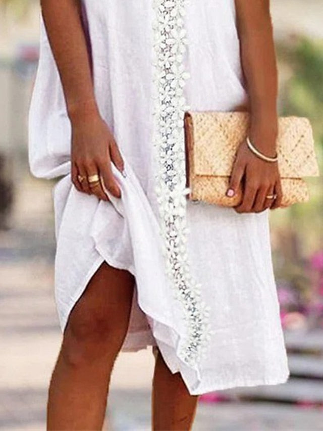 Women's Dress - Shift Dress Midi Dress White Gray Sleeveless Heart Lace Spring Summer V Neck Vacation Loose Fit 2023 S M L XL XXL