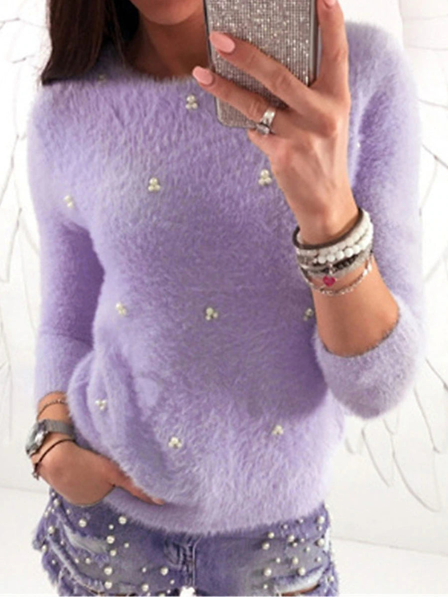 Women's Pullover Sweater Jumper Crew Neck Ribbed Knit Acrylic Beads Fall Winter Regular Outdoor Daily Going out Stylish Casual Soft Long Sleeve Solid Color Black White Pink XS S M