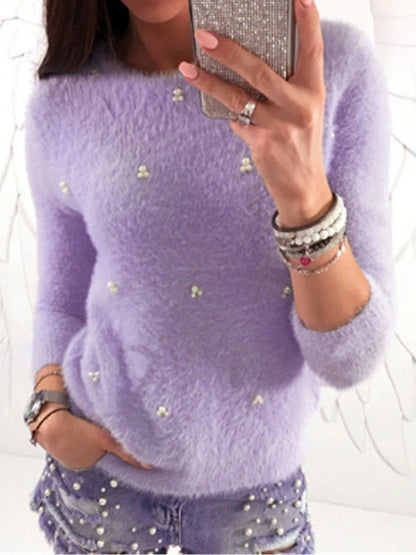 Women's Pullover Sweater Jumper Crew Neck Ribbed Knit Acrylic Beads Fall Winter Regular Outdoor Daily Going out Stylish Casual Soft Long Sleeve Solid Color Black White Pink XS S M