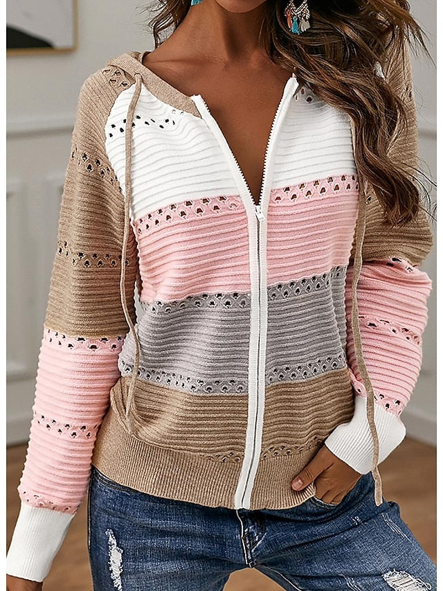 Women's Cardigan Sweater Hooded Ribbed Knit Acrylic Patchwork Zipper Hooded Spring Fall Outdoor Daily Going out Stylish Casual Soft Long Sleeve Color Block Black Pink Gray S M L