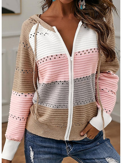 Women's Cardigan Sweater Hooded Ribbed Knit Acrylic Patchwork Zipper Hooded Spring Fall Outdoor Daily Going out Stylish Casual Soft Long Sleeve Color Block Black Pink Gray S M L