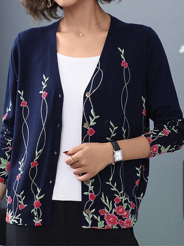 Women's Cardigan Sweater V Neck Ribbed Knit Polyester Button Print Fall Winter Outdoor Daily Holiday Stylish Casual Soft Long Sleeve Animal Floral Rose black Chain black Rose navy blue S M L
