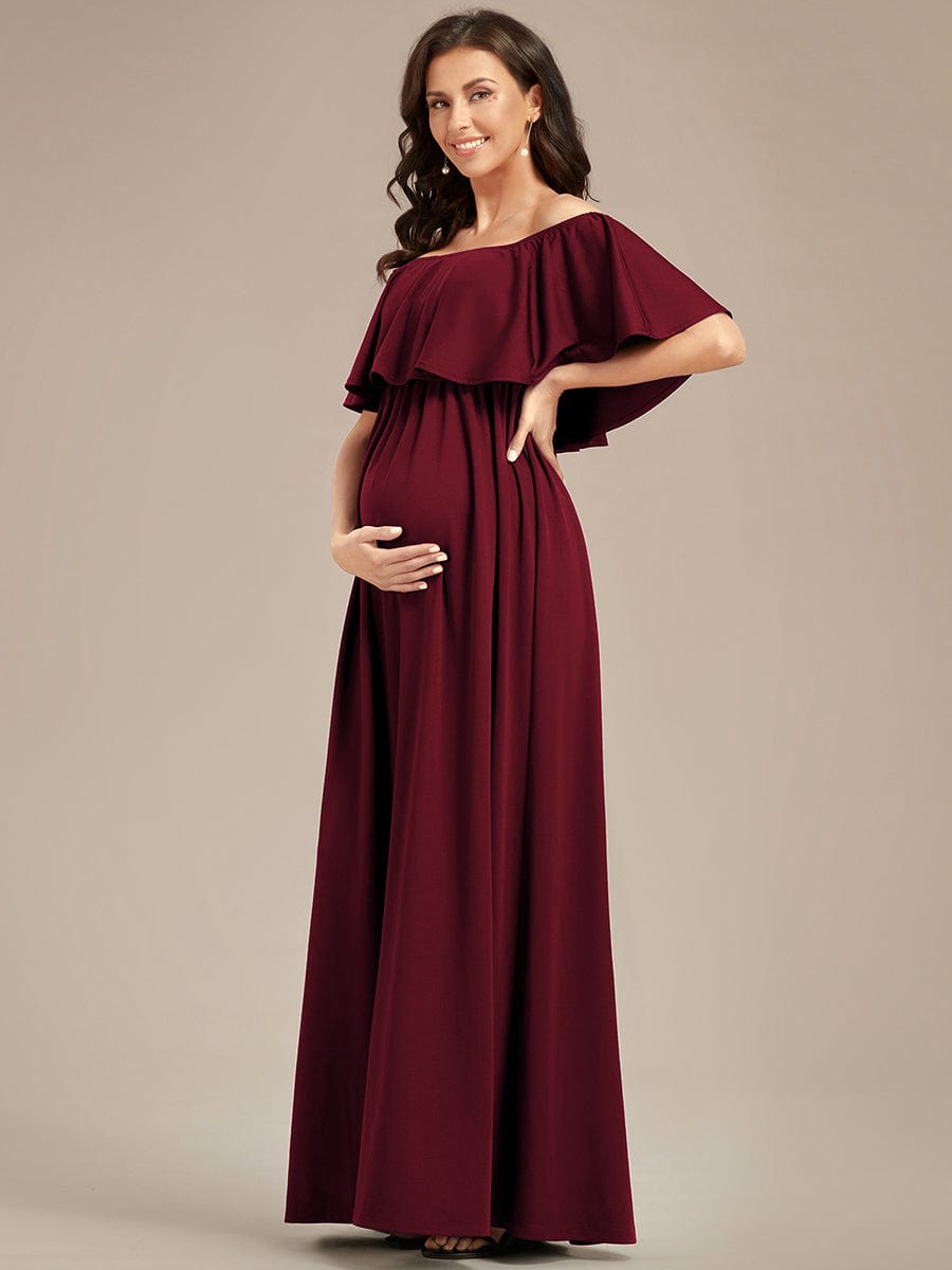 Off Shoulder Pleated A Line Maternity Dress with Ruffle Sleeves