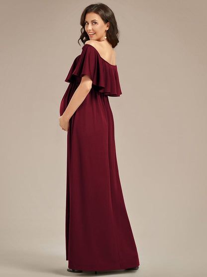 Off Shoulder Pleated A Line Maternity Dress with Ruffle Sleeves