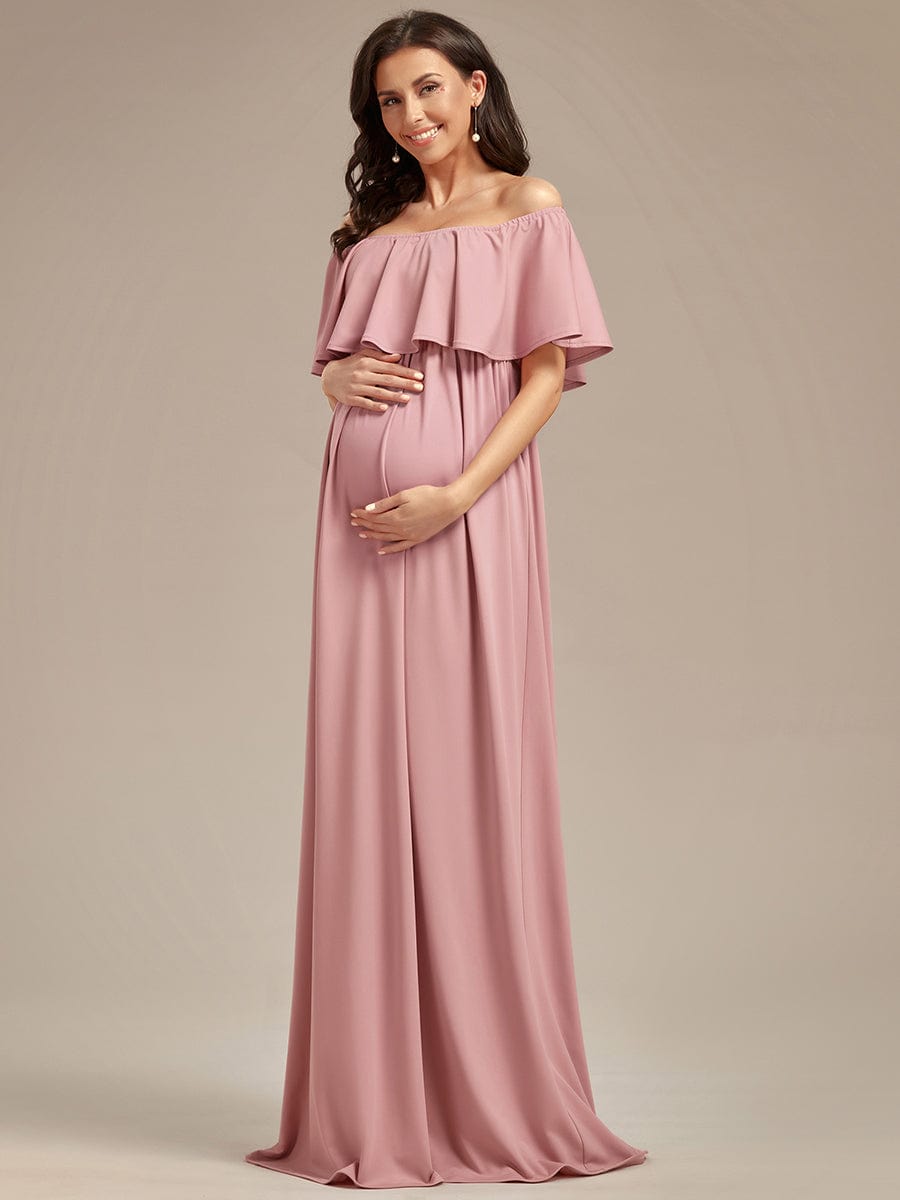 Off Shoulder Pleated A Line Maternity Dress with Ruffle Sleeves