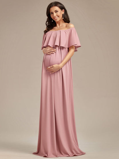 Off Shoulder Pleated A Line Maternity Dress with Ruffle Sleeves